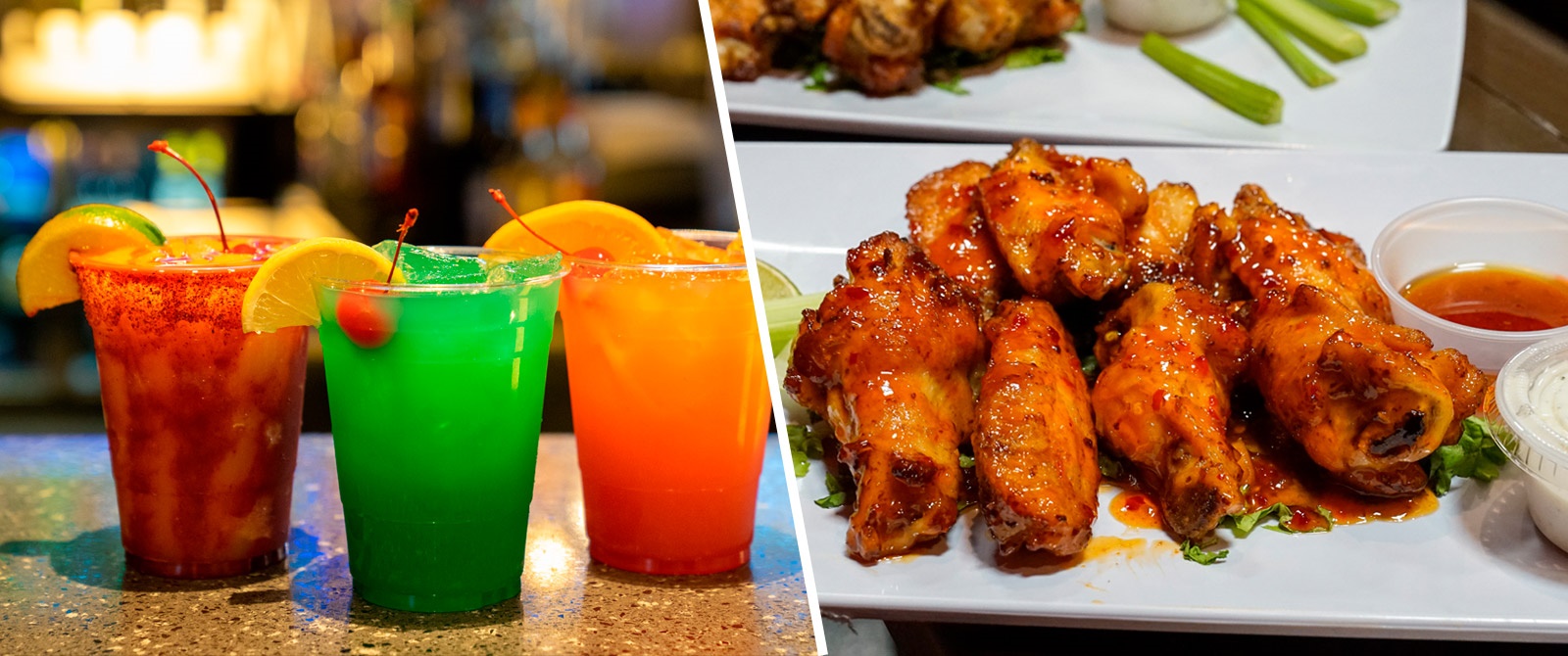 3 cocktails and a plate of chicken wings 