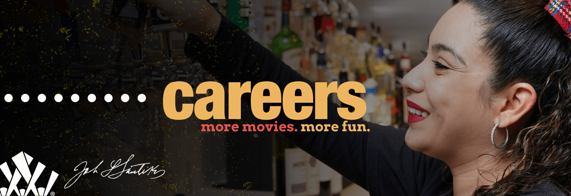 Fun, modern graphic promoting Santikos Theater Careers featuring a happy bar tender at work