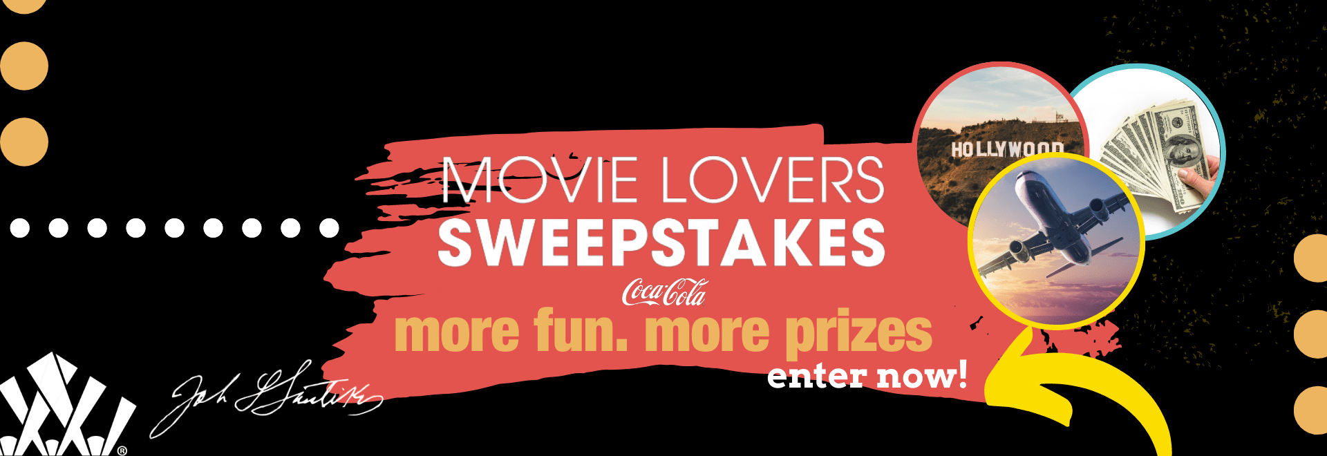 Fun ad for Santikos Entertainment Movie Lovers Sweepstakes featuring images of the grand prize, bold text and logo sized for mobile.