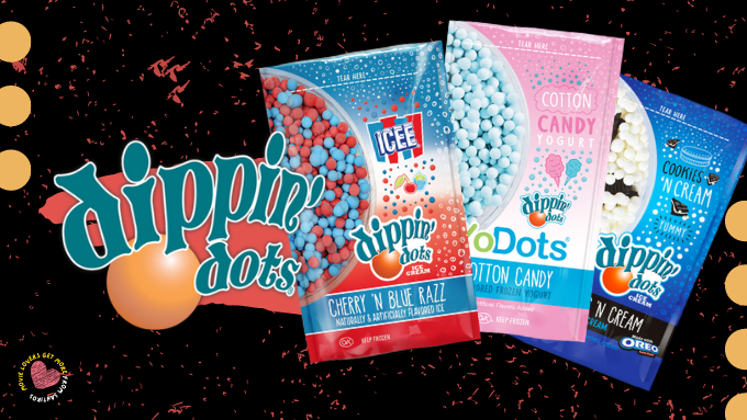 Ad for Dippin' Dots flavors at select Santikos Theaters for a limited time.